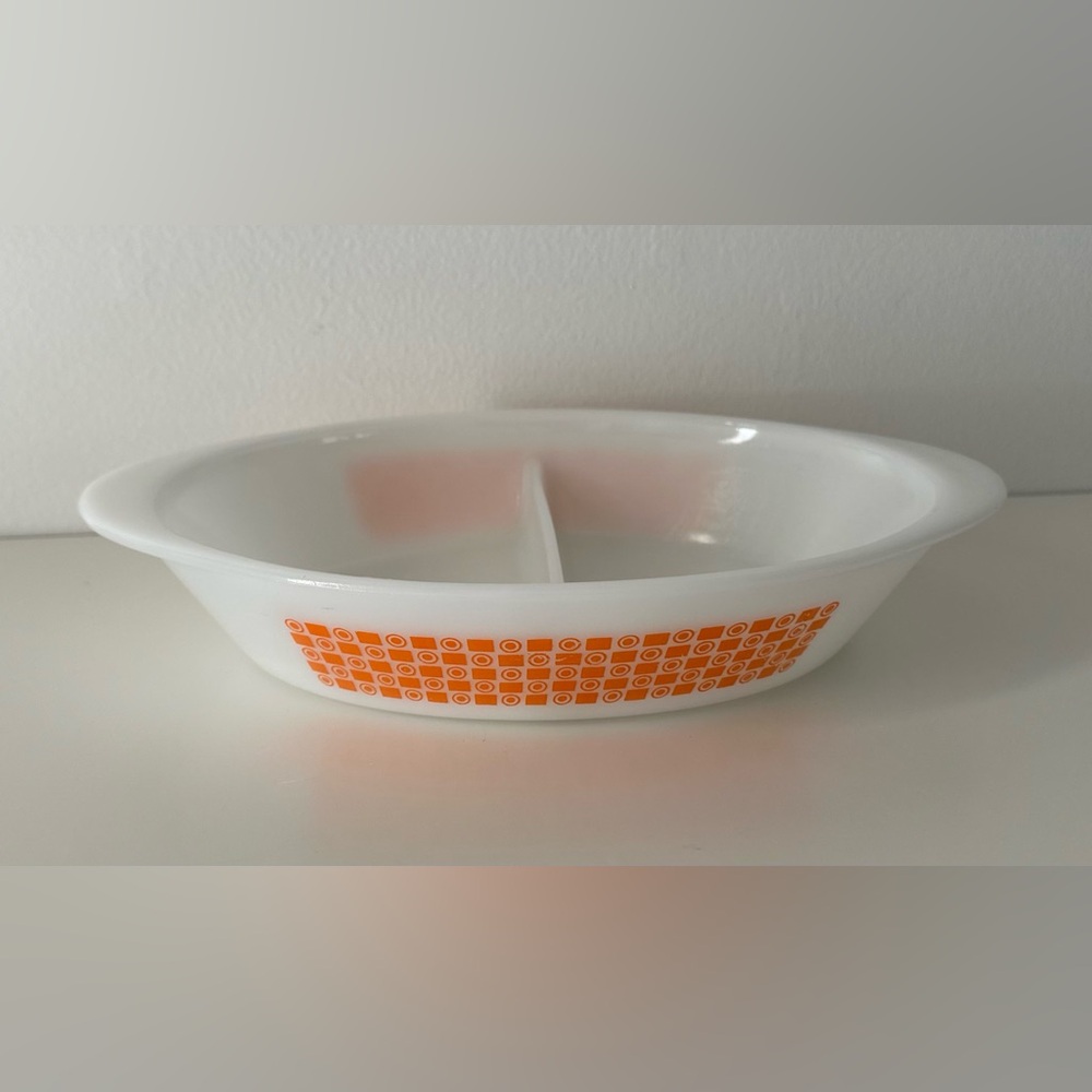 Vintage Glasbake Jeanette J2352 Orange Square Dot Divided Casserole Dish 12” USA
